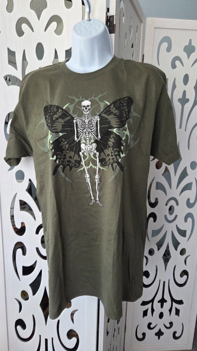 Fashion Nova Fairy Skeleton Graphic Tee Olive Green Grunge Goth Butterfly Shirt